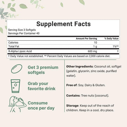 R-Alpha Lipoic Acid 600mg Softgels – 120 Count
